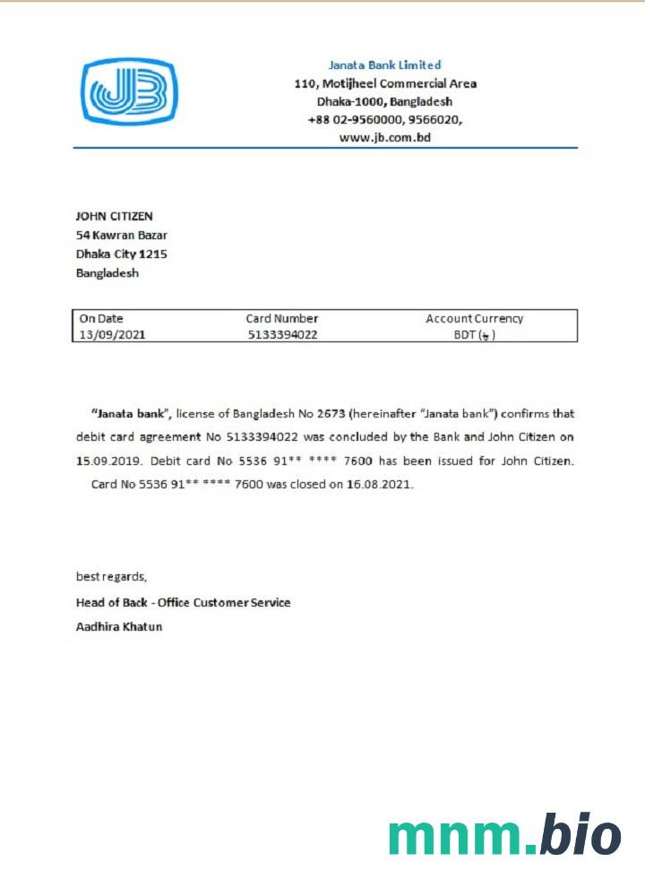 Przykład odniesienia do zamknięcia Bangladeszu Janata w formatach Word i PDF